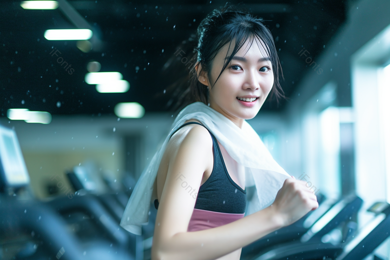 运动女性健身跑步快乐微笑流汗身上带着毛巾,高清,摄影图,摄影图片,图片大全,摄影图免费下载